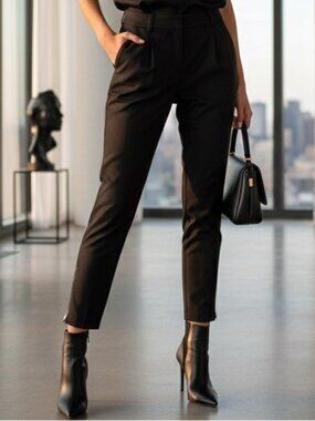 Love Moschino Black Pleated Mid Rise Slim Fit Wool Blend Trousers Size 26